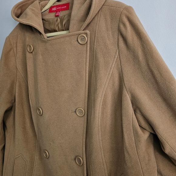 AK Anne Klein 2X Double Breasted Hooded Wool Blend Pea Coat Jacket Tan Classic ~ - Picture 4 of 13